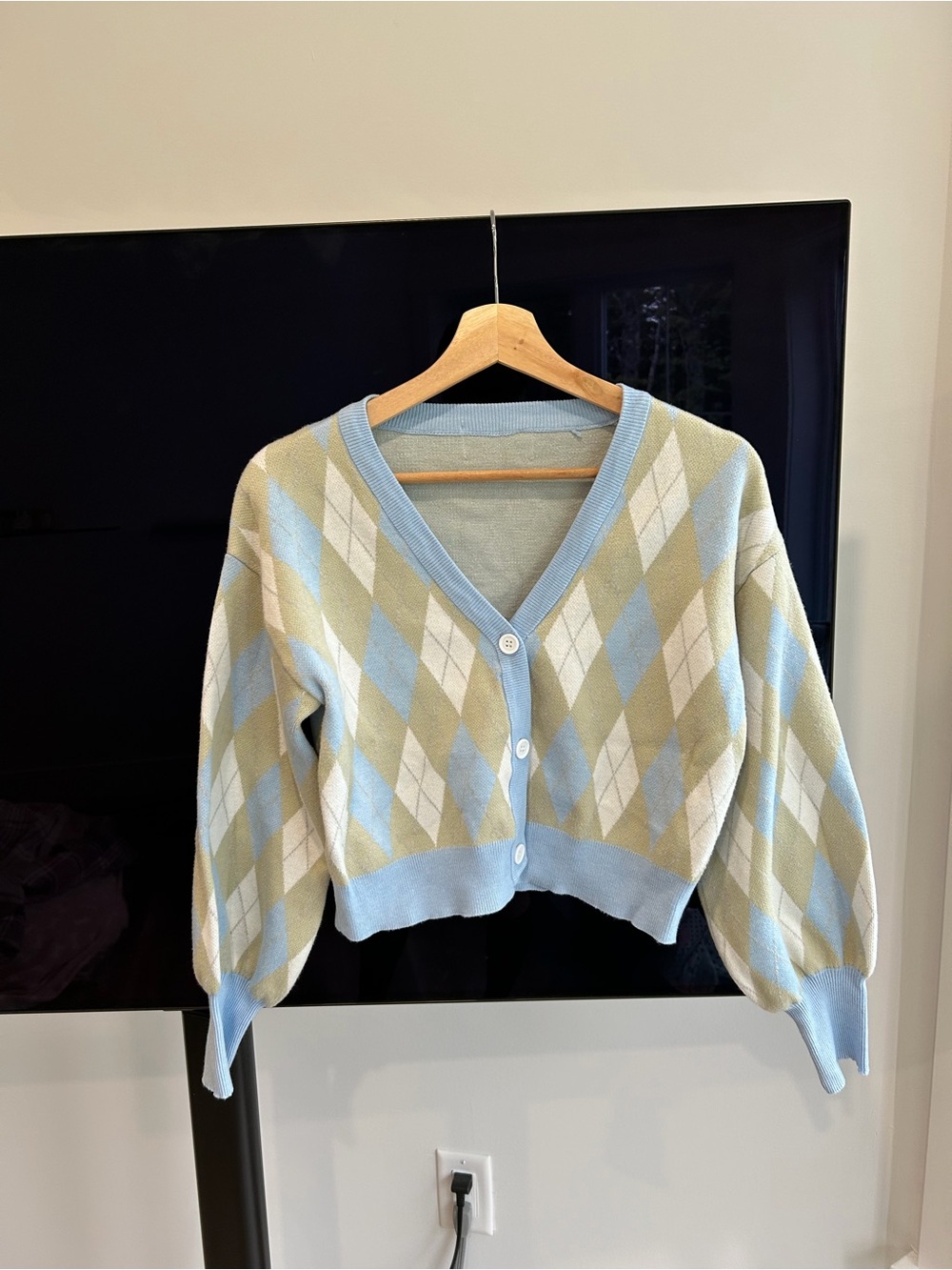 Cider Pastel Argyle V-Neck Button Cardigan - Light Blue & Sage